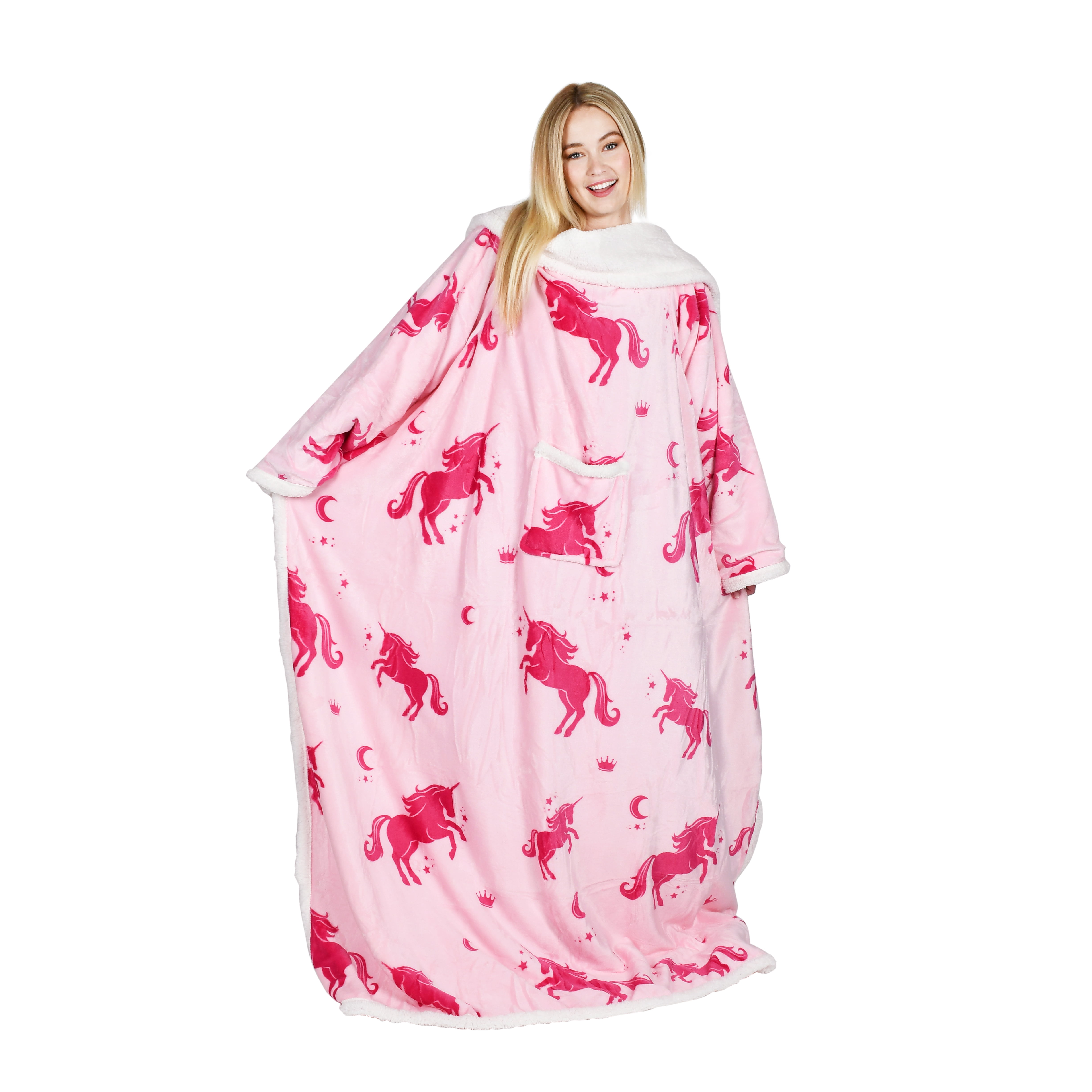 Pink Unicorn Fleece Sherpa Hooded Wearable Blanket