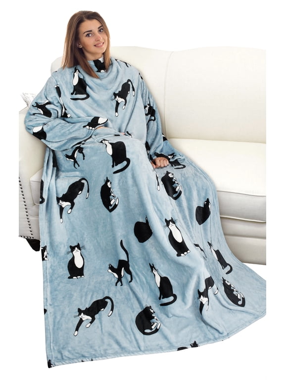 Sherpa Wearable Fleece Throws Blanket with Sleeves and Large Pocket for Women Men, Super Soft Microplush Adult Wrap Full Body Blanket Robe for Lounge Couch 73" x 51"