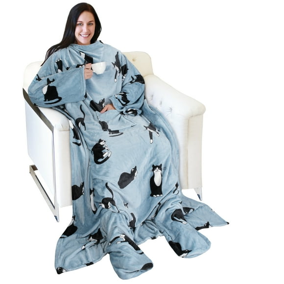 Sherpa Wearable Fleece Throws Blanket with Sleeves and Large Pocket for Women Men, Super Soft Microplush Adult Wrap Full Body Blanket Robe for Lounge Couch