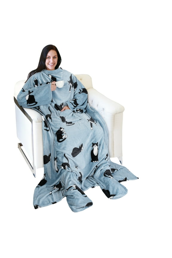 Sherpa Wearable Fleece Throws Blanket with Sleeves and Large Pocket for Women Men, Super Soft Microplush Adult Wrap Full Body Blanket Robe for Lounge Couch