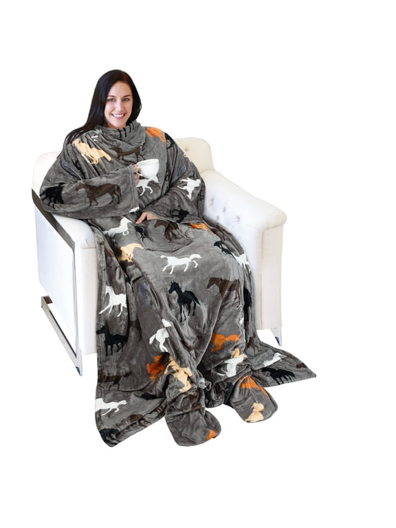 Sherpa Wearable Fleece Throws Blanket with Sleeves and Large Pocket for Women Men, Super Soft Microplush Adult Wrap Full Body Blanket Robe for Lounge Couch