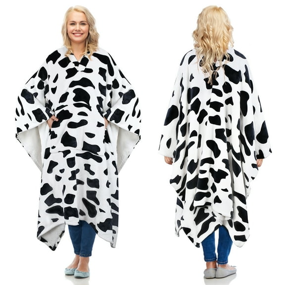 Catalonia Sherpa Wearable Throws Blanket Poncho for Adult Women Men,2.5 lbs, No Sleeves, Cow Print