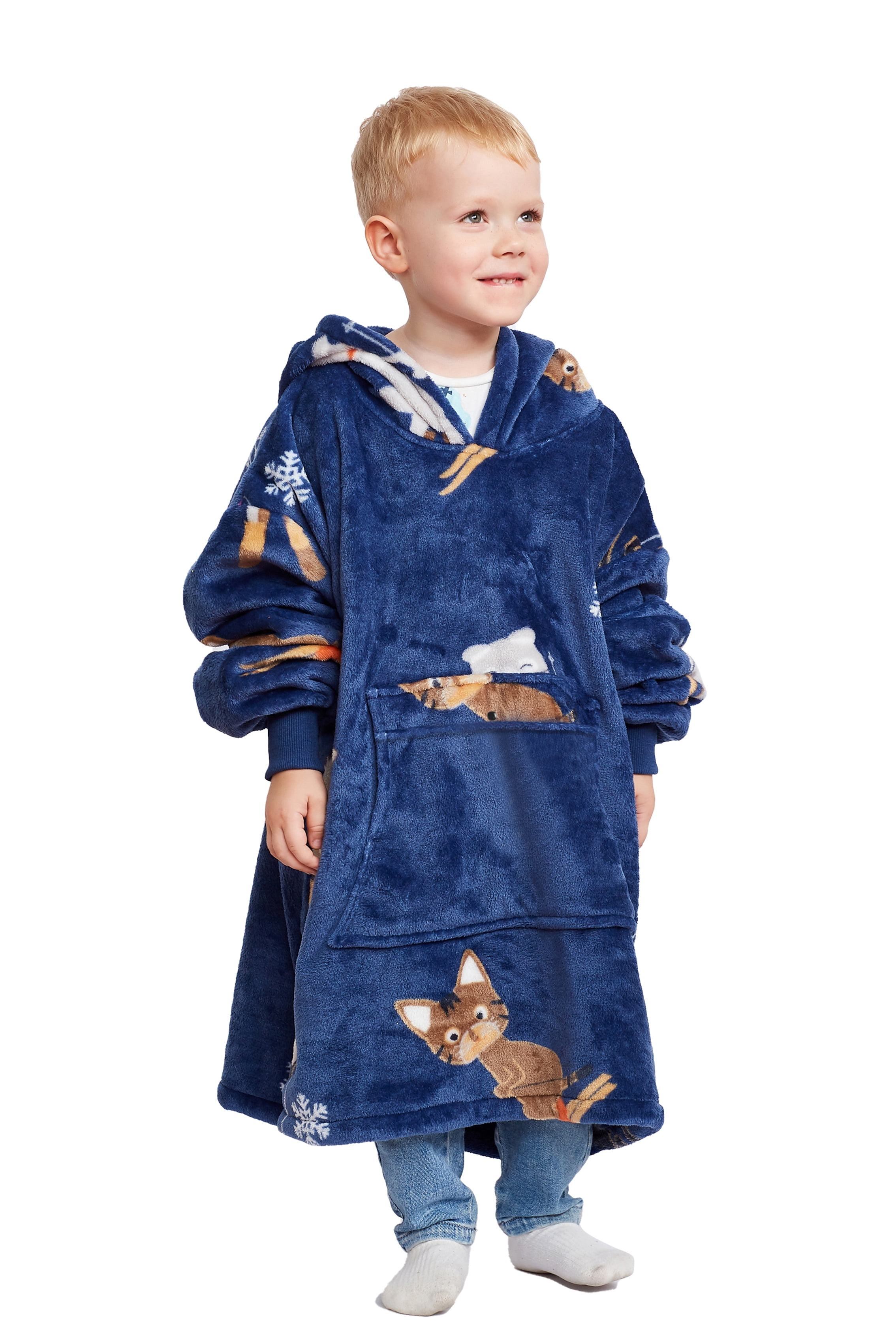 Catalonia Ski Cat Wearable Blanket Hoodie for Kids, Fleece Snuggy Sweatshirt Pullover, 4-12 Years Boy Girl Gift, 28 × 24 inches