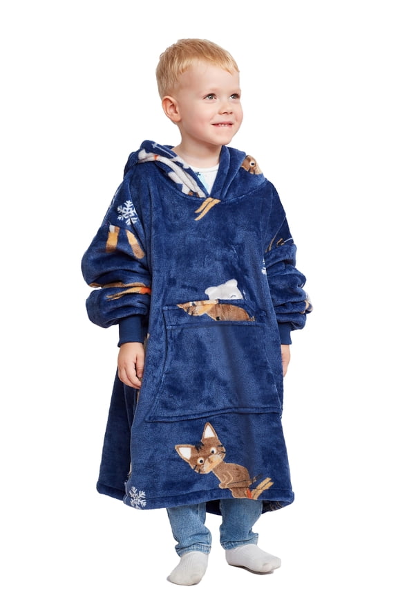 Ski Cat Wearable Blanket Hoodie for Kids, Fleece Snuggy Sweatshirt Pullover, 4-12 Years Boy Girl Gift