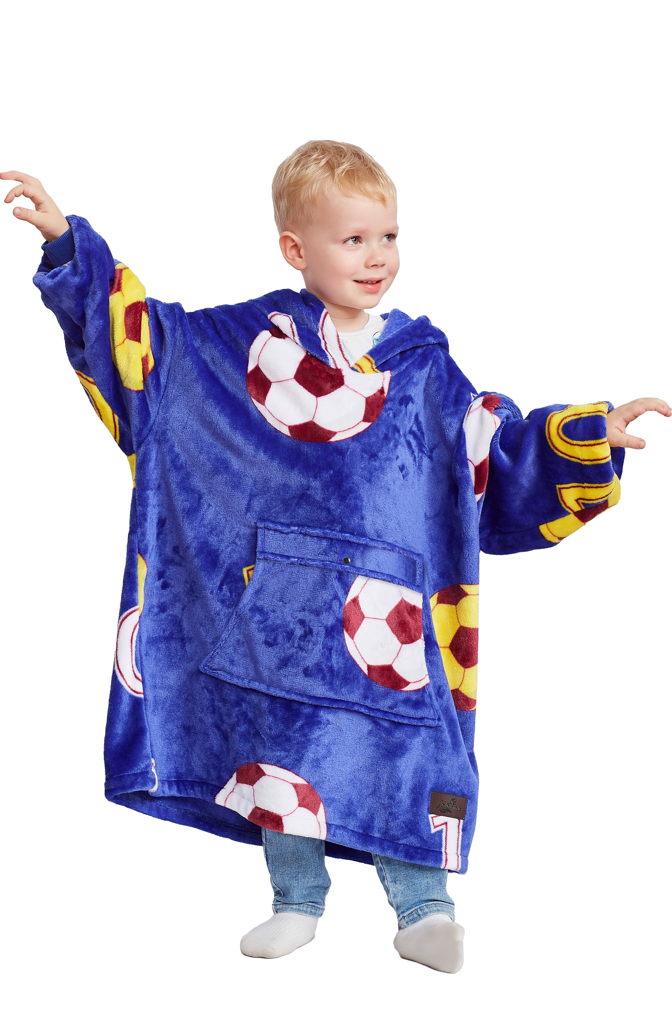 Catalonia Soccer Blanket Hoodie Sweatshirt for Kids, Oversized Wearable Snuggy Fleece Pullover, 4-12 Years Boy Sports Football Fanatic Gift
