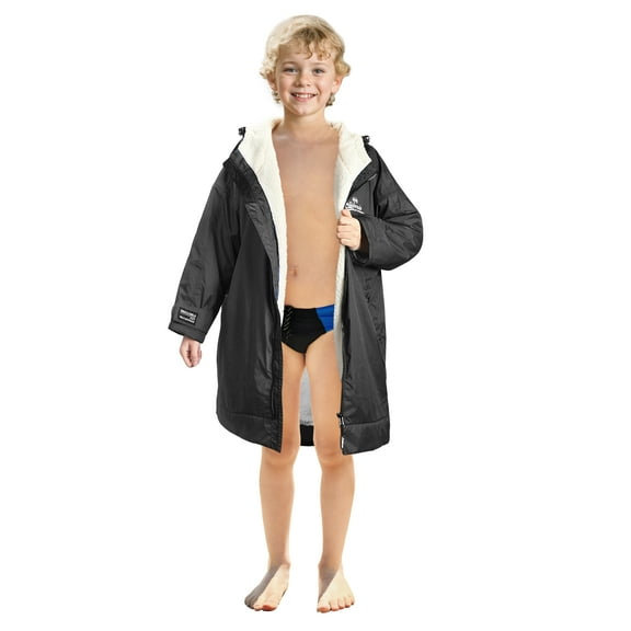 Catalonia Swim Parka Kids with Hood, Lightweight Youth Surf Swim Jacket, Waterproof & Warm Sherpa Lined Swim Coat for Boys Girls, Changing Poncho Robe for Pool Beach Stadium, Black, 9-13 Years