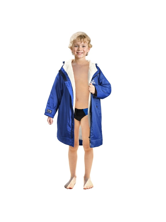 Swim Parka Kids with Hood, Lightweight Youth Surf Swim Jacket, Waterproof & Warm Sherpa Lined Swim Coat for Boys Girls, Changing Poncho Robe for Pool Beach Stadium, Blue, 9-13 Years