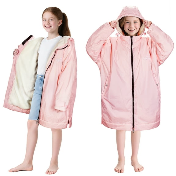 Catalonia Swim Parka Kids with Hood, Lightweight Youth Surf Swim Jacket, Waterproof & Warm Sherpa Lined Swim Coat for Boys Girls, Changing Poncho Robe for Pool Beach Stadium, Pink, 5-9 Years