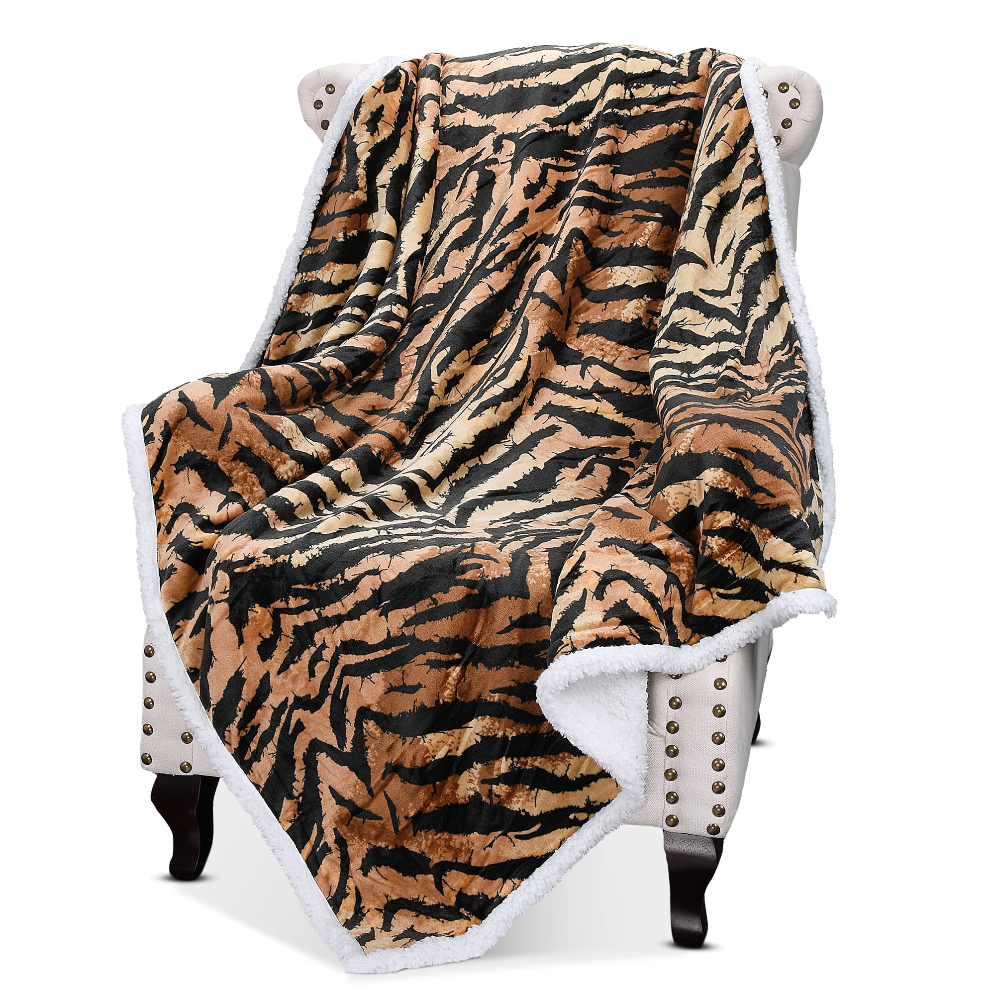 Catalonia Tiger Print Reversible Sherpa Fleece Throw Blanket