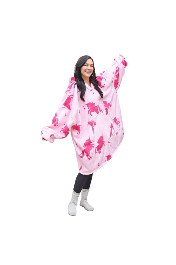 Unicorn Print Oversized Hoodie Blanket Sweatshirt,Wearable Sherpa Giant Pullover for Adults Men Women Teenagers Gift, Pink