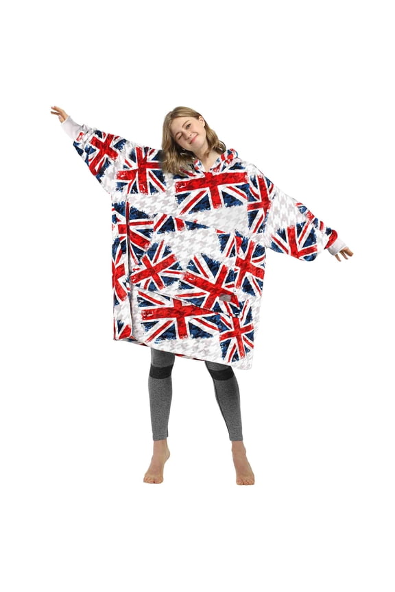 Union Jack Print Blanket Hoodie Sweatshirt, Oversized Wearable Fleece Pullover for Adults Men Women