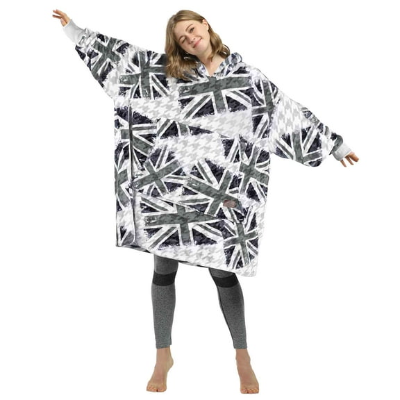 Catalonia Unisex-Adult Union Jack Print Blanket Hoodie Sweatshirt, Oversized Wearable Union Flag Gray / Fleece Pullover for Adult Men Women