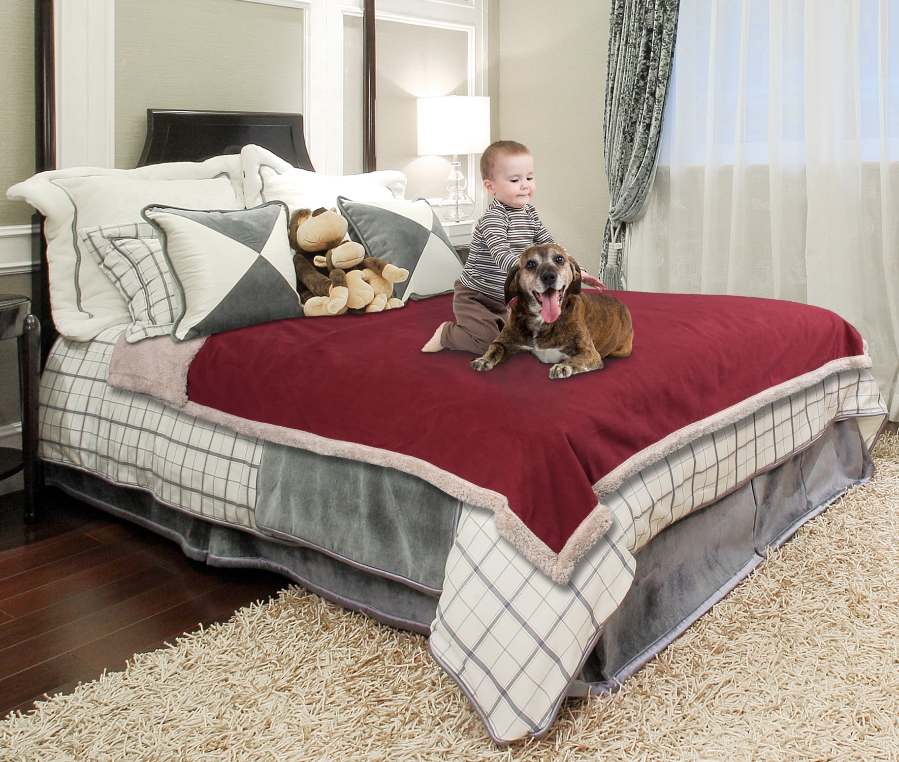 Catalonia Wine Red Reversible Sherpa Fleece Waterproof Throw Blanket, 80" x 90"