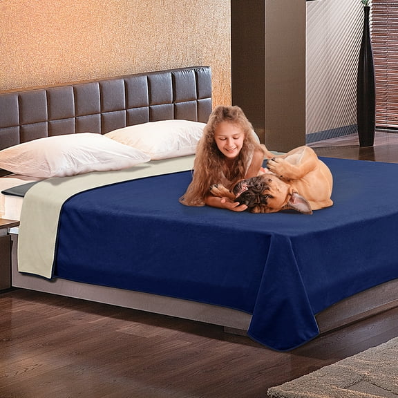 Catalonia Waterproof Blanket, Pee Proof Couch Sofa Bed Protector Cover for Baby, Super Cozy Plush Fleece Warm Sherpa Lining Throws and Blankets for Boating Camping, Navy/Taupe, 80" x 90"