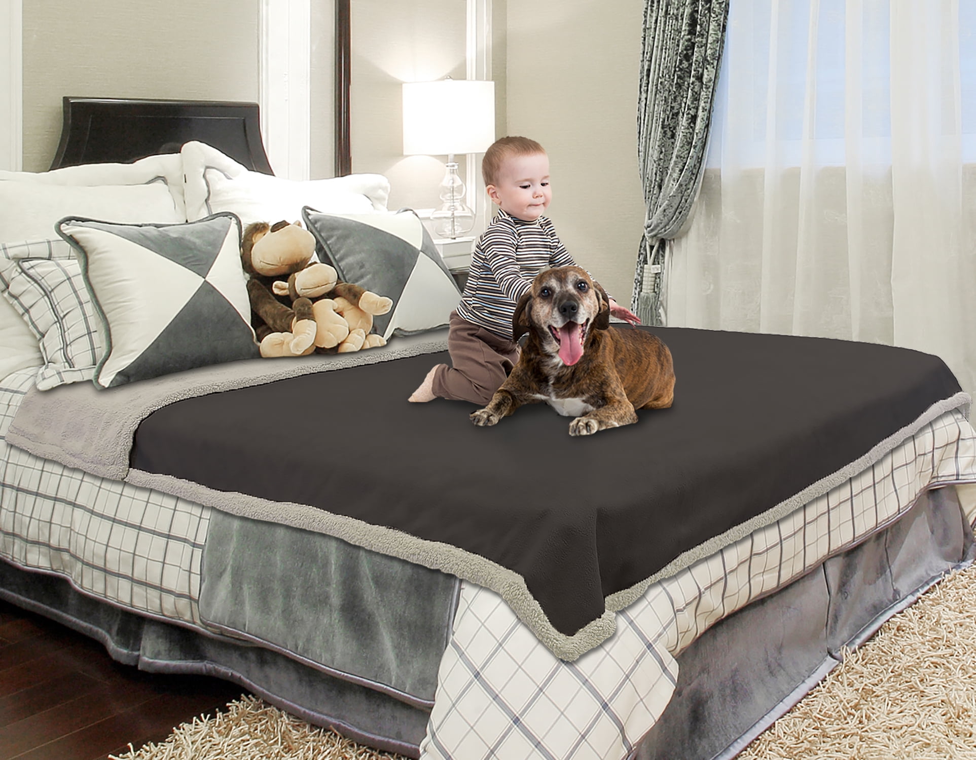 Catalonia Brown Taupe Waterproof Fleece Sherpa Reversible Throw Blanket