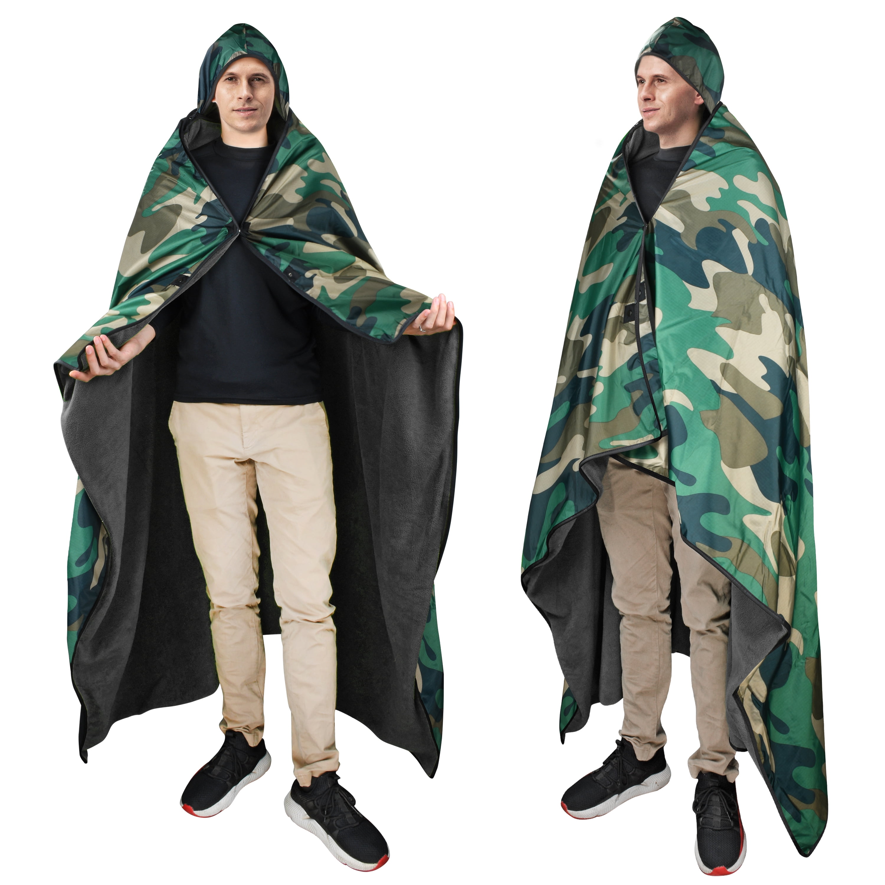 Catalonia Waterproof  Outdoor Blanket, Hooded Fleece Blanket Poncho, Portable, Wearable, Stadium, Camping, Yoga, Beach, Picnic Blanket, Windproof, Camo/Black