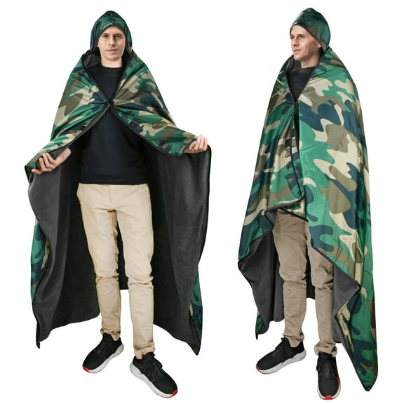 Catalonia Waterproof Outdoor Blanket, Hooded Fleece Blanket Poncho, Portable, Wearable, Stadium, Camping, Yoga, Beach, Picnic Blanket, Windproof, Camo/Black