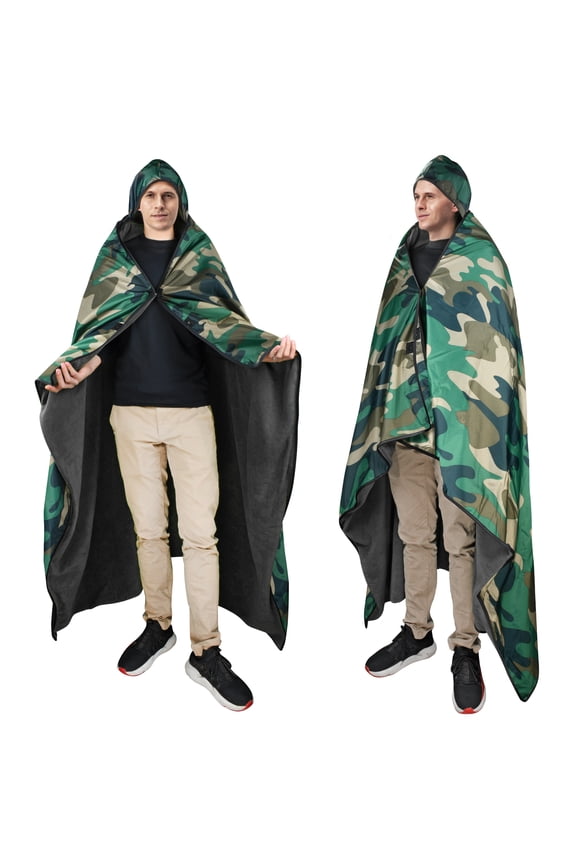 Waterproof Outdoor Blanket, Hooded Fleece Blanket Poncho, Portable, Wearable, Stadium, Camping, Yoga, Beach, Picnic Blanket, Windproof, Camo/Black