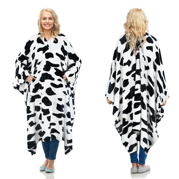 Catalonia Wearable Blanket Poncho for Adult Women and Men, Wrap Fleece Blanket Cape with Pocket, Warm, Soft, Cozy, Snuggly Plush Blanket, No Sleeves, All-Season, Cow