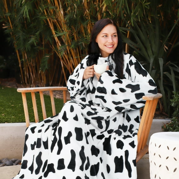 Catalonia Wearable Blanket with Sleeves and Pocket, Cozy Soft Fleece Micro Plush Wrap Adult Blanket Robe for Women Men, Cow Pattern Makes a Great Gift for Holidays, 73" x 51".