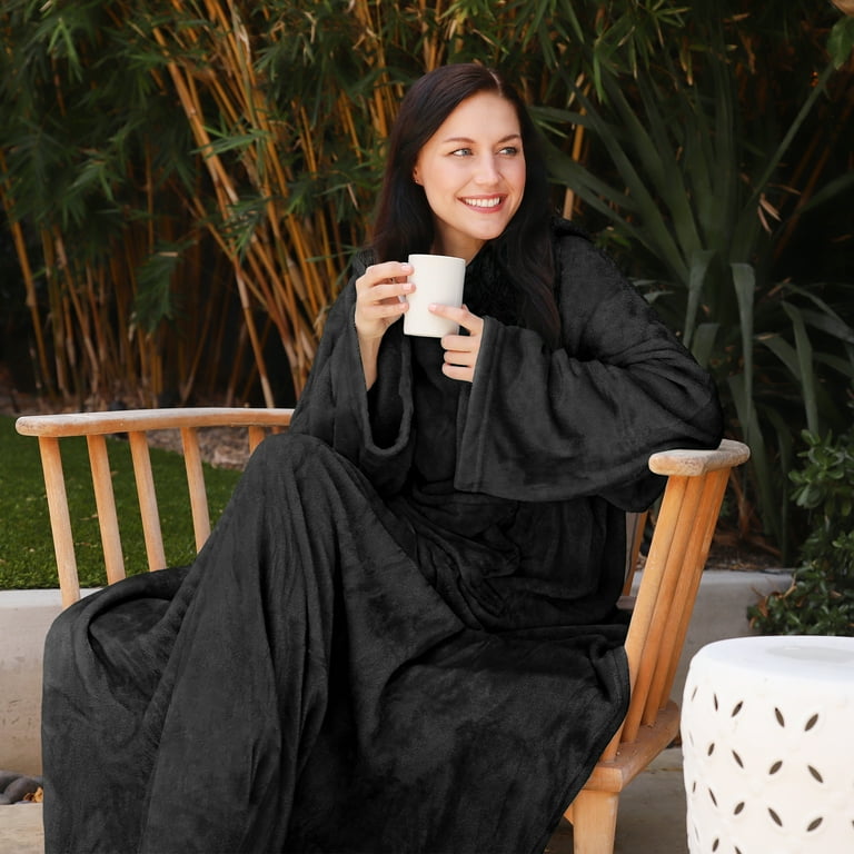 Catalonia Cozy Fleece Blanket Robe with Sleeves Pocket, Unisex