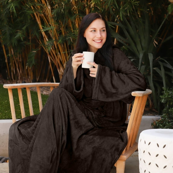 Catalonia Wearable Blanket with Sleeves and Pocket, Cozy Soft Fleece Micro Plush Wrap Adult Blanket Robe for Women Men, Makes a Great Gift for Holidays, Brown, 73" x 51”