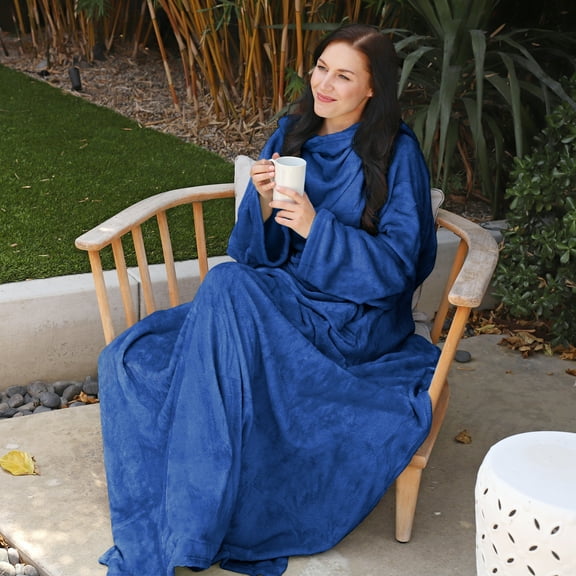 Catalonia Wearable Blanket with Sleeves and Pocket, Cozy Soft Fleece Micro Plush Wrap Adult Blanket Robe for Women Men, Makes a Great Gift for Holidays, Navy, 73" x 51”