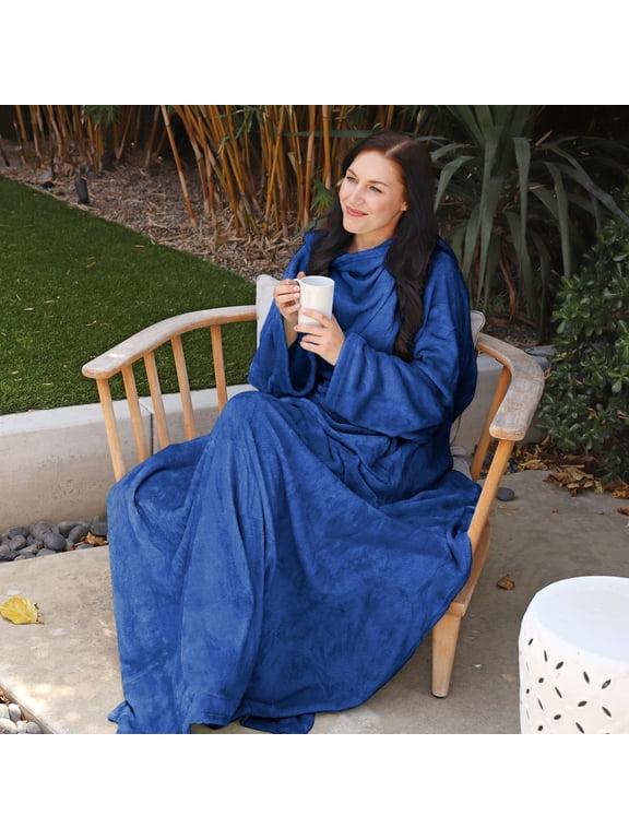 Wearable Blanket with Sleeves and Pocket, Cozy Soft Fleece Micro Plush Wrap Adult Blanket Robe for Women Men, Makes a Great Gift for Holidays, Navy, 73" x 51”