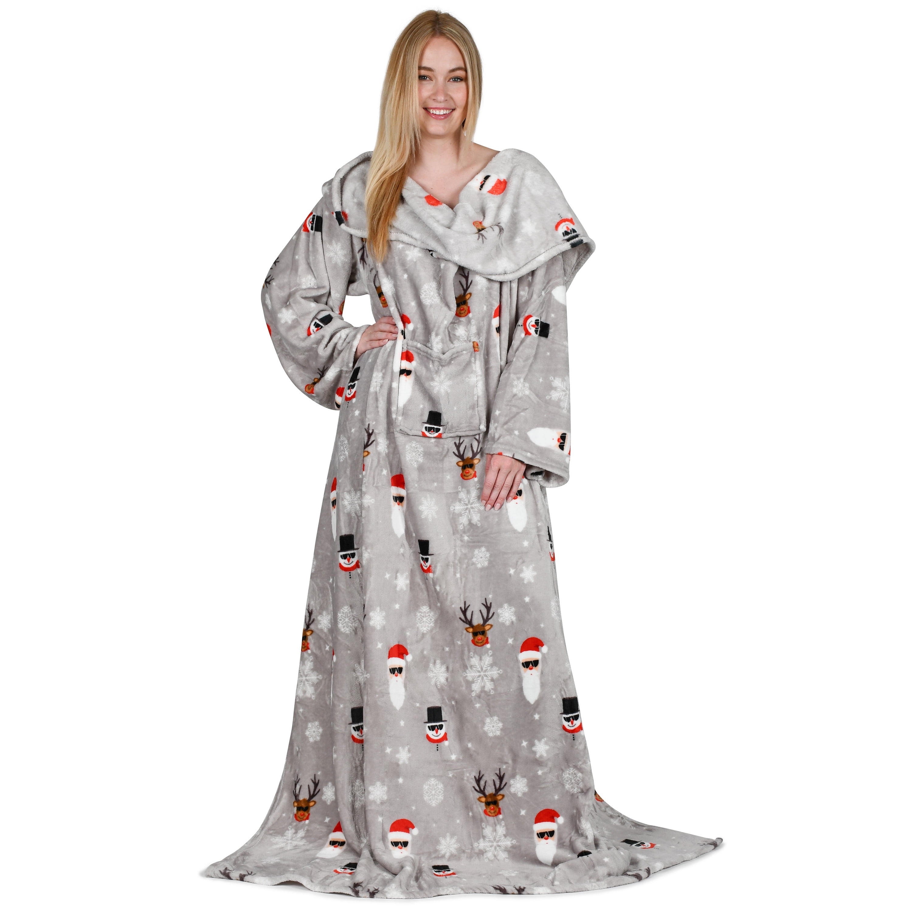 Catalonia Wearable Blanket with Sleeves and Pocket Cozy Soft Fleece Micro Plush Wrap Adult Snuggie Blanket Robe for Women Men Grey Santa and Deer Pattern Makes a Great Gift for Holidays