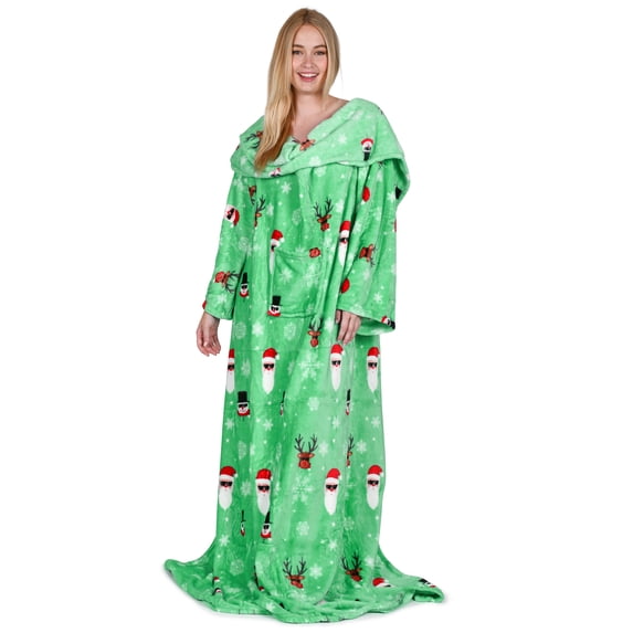 Catalonia Wearable Blanket with Sleeves and Pocket, Cozy, Soft Fleece Blanket Robe for Adult Women and Men, Green Santa and Deer Pattern, 73" x 51"