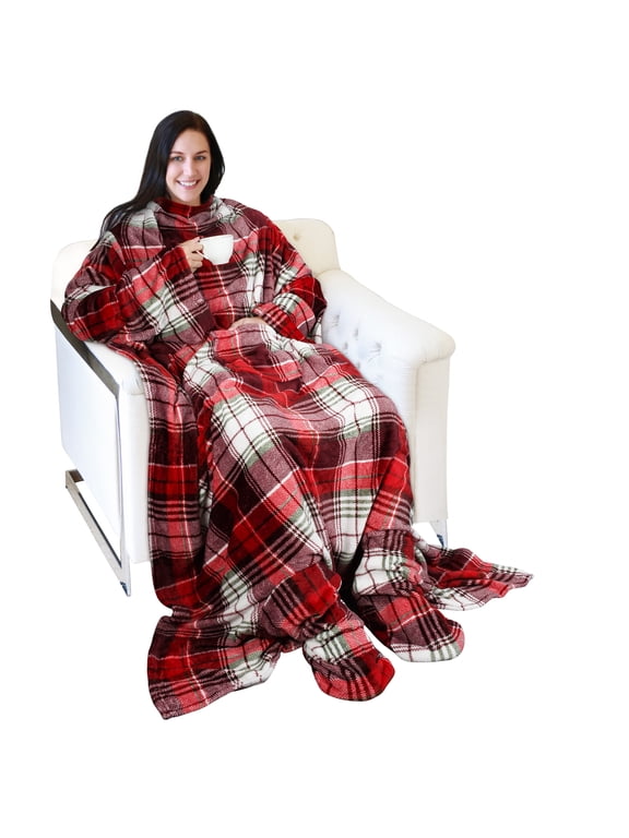 Wearable TV Blanket with Sleeves Arms & Feet pockets for Adult Micro Plush Fleece Large Wrap Throw Robe, 75" x 53"