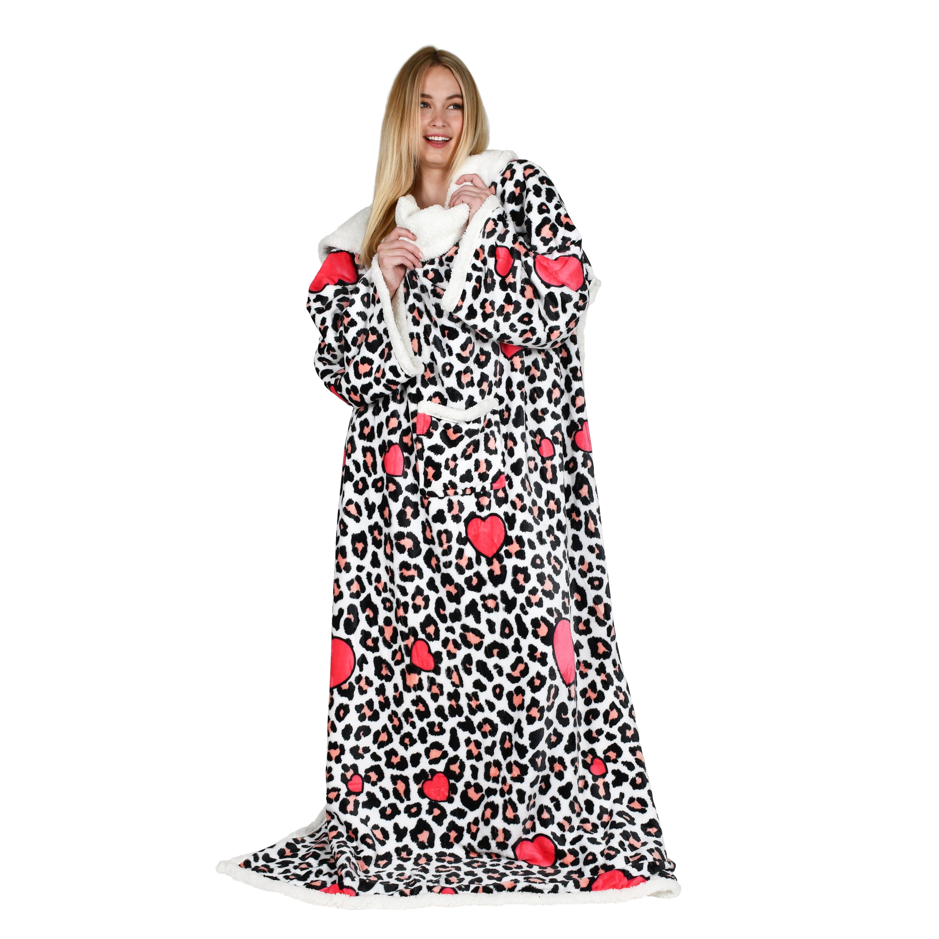 Catalonia Leopard and Heart Sherpa Fleece Wearable Blanket