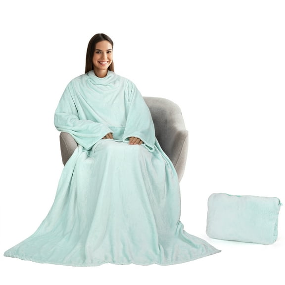 Catalonia Wearable Fleece Blanket with Sleeves and Pocket, Soft, Cozy Plush Fleece Wrap Throw Blanket Robe, One Size Fits All, Aqua, 71" x 51"