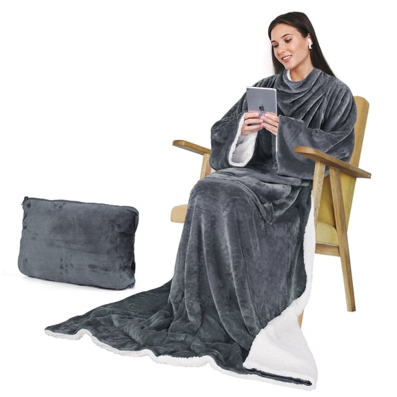 Catalonia Wearable Fleece Throws Blanket with Sleeves and Pocket for Women Men,Could Wrap Full Body Blanket Robe for Lounge Couch 70" x 52",Machine Washable, Gray