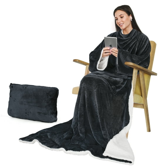 Catalonia Wearable Fleece Throws Blanket with Sleeves and Pocket for Women Men, Super Soft Micro plush Adult Wrap Full Body Blanket Robe for Lounge Couch 70" x 52",Black