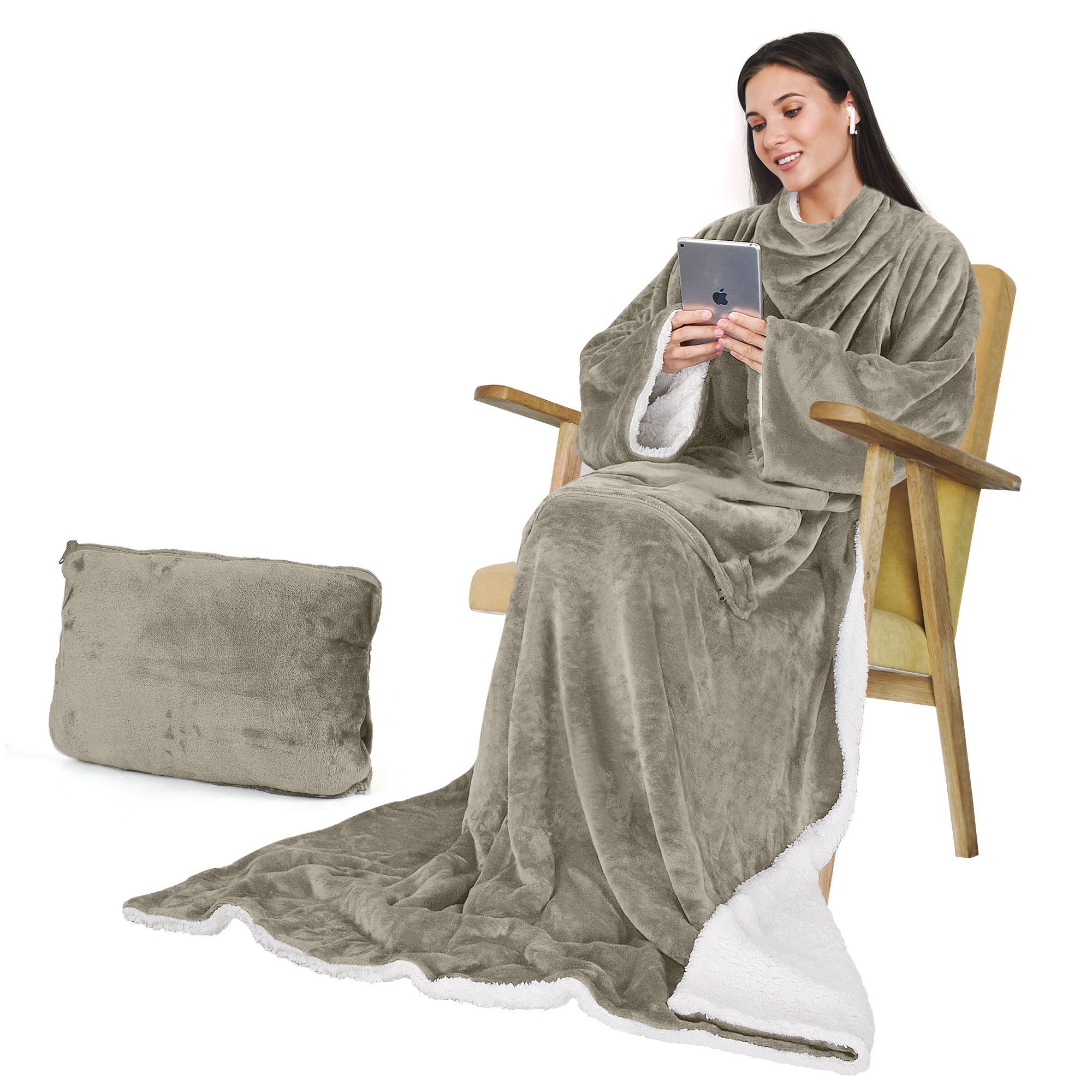Camel Fleece Sherpa Wearable Blanket with Sleeves