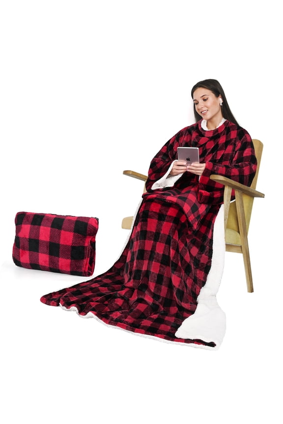 Wearable Fleece Throws Blanket with Sleeves and Pocket for Women Men, Could Wrap Full Body Blanket Robe for Lounge Couch 70" x 52",Machine Washable, Red