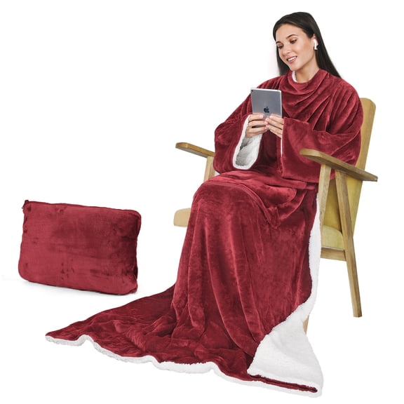 Catalonia Wearable Fleece Throws Blanket with Sleeves and Pocket for Women Men, Could Wrap Full Body Blanket Robe for Lounge Couch 70" x 52",Machine Washable, Wine