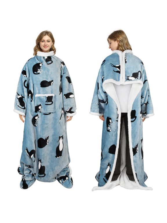 Wearable Fleece Throws Blanket with Sleeves and Pocket for Women Men, Could Wrap Full Body Blanket Robe for Lounge Couch 72" x 55"