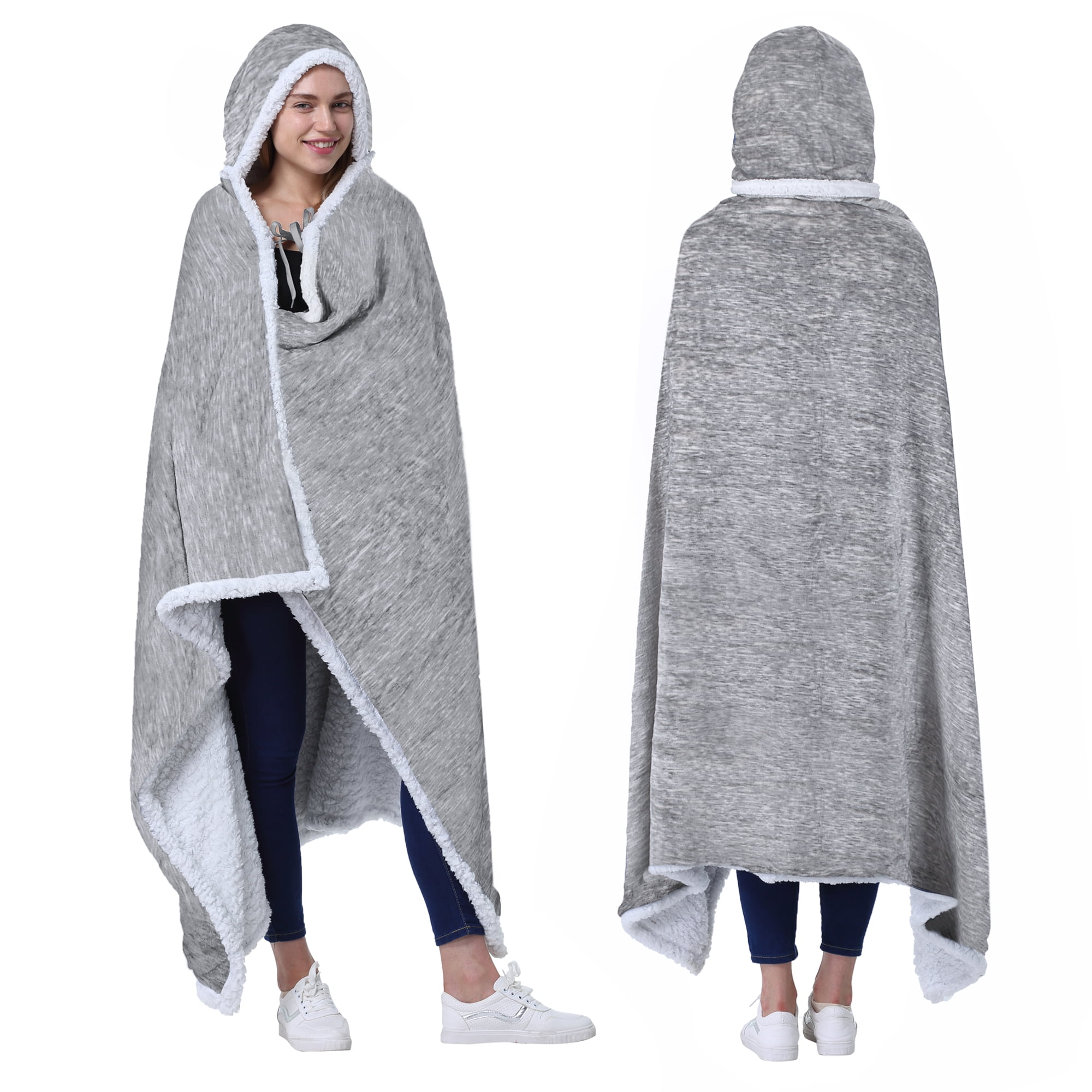 Light Gray Hooded Sherpa Fleece Wearable Blanket with Sleeves