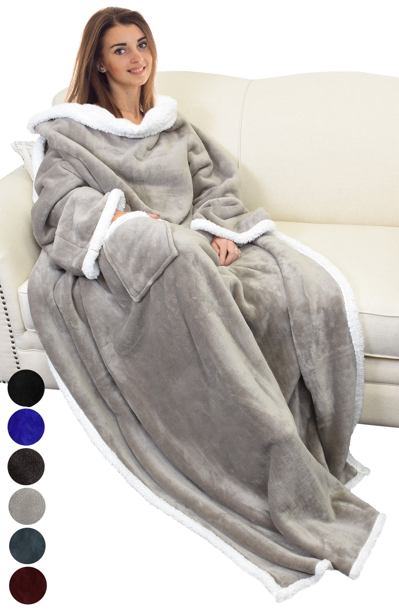 Catalonia Wearable TV Blanket with Sleeves Arms Warm Micro Plush Sherpa Fleece for Adult Large Wrap Throw Robe 72 x 55”