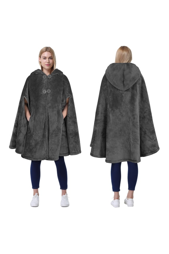 Women's Poncho Cape, Sherpa Fleece Cloak Coat, Snuggly Hooded Wearable Blanket, Gift Idea for Adults and Teen Girls, Grey