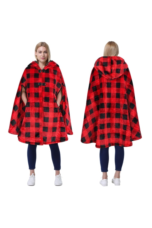 Women's Poncho Cape, Sherpa Fleece Cloak Coat, Snuggly Hooded Wearable Blanket, Gift Idea for Adults and Teen Girls, Plaid Red