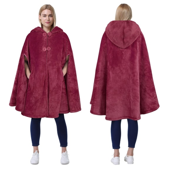 Catalonia Women's Poncho Cape, Sherpa Fleece Cloak Coat, Snuggly Hooded Wearable Blanket, Gift Idea for Adults and Teen Girls, Wine