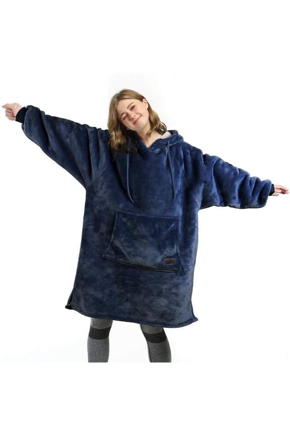 Women’s Sherpa Hoodie Sweatshirt Dress, Casual Snuggle Wearable Blanket Pullover Sweater with Kangaroo Pocket, Warm and Soft, Gift for Her, Navy