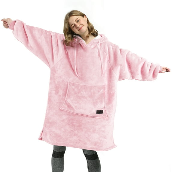 Catalonia Women’s Sherpa Hoodie Sweatshirt Dress, Casual Snuggle Wearable Blanket Pullover Sweater with Kangaroo Pocket, Warm and Soft, Gift for Her, Pink