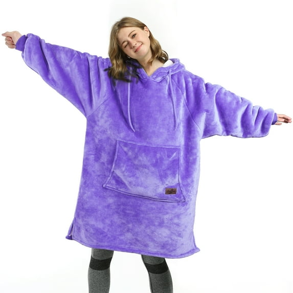 Catalonia Women’s Sherpa Hoodie Sweatshirt Dress, Casual Snuggle Wearable Blanket Pullover Sweater with Kangaroo Pocket, Warm and Soft, Gift for Her, Purple