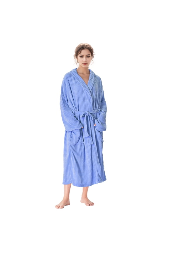 Womens Chenille Fleece Robe Blanket, Long Dressing Gown Bathrobe with Two Convenient Pockets and Belted Housecoat Sleepwear for Ladies, Machine Washable, Medium ,Blue