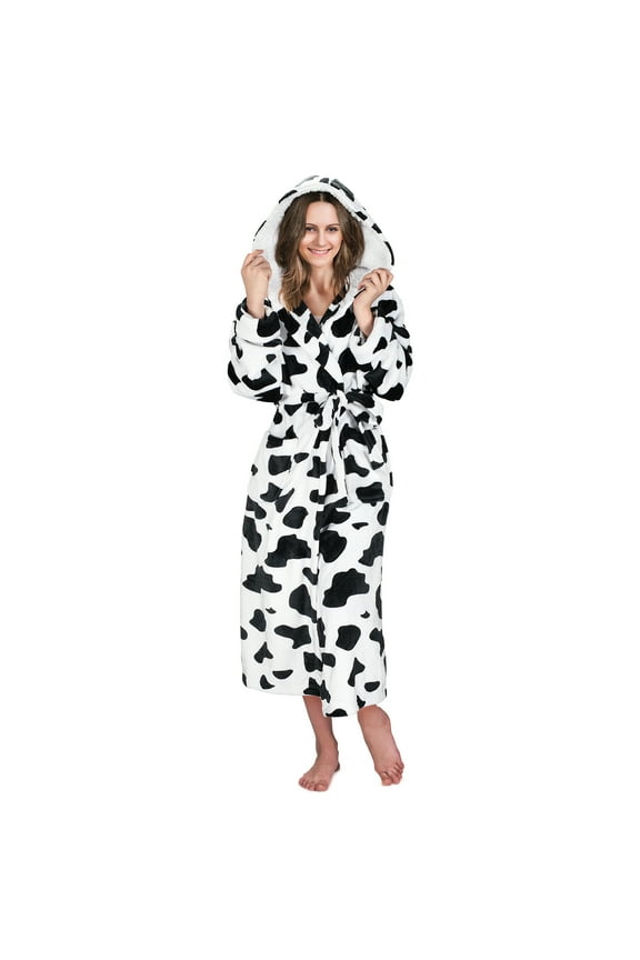 Womens Fleece Long Hooded Robe Blanket, Comfy Soft Chenille Bathrobe with Belt Pockets,Ladies Sleepwear Housecoats,Machine Washable, One Size, Dalmatian