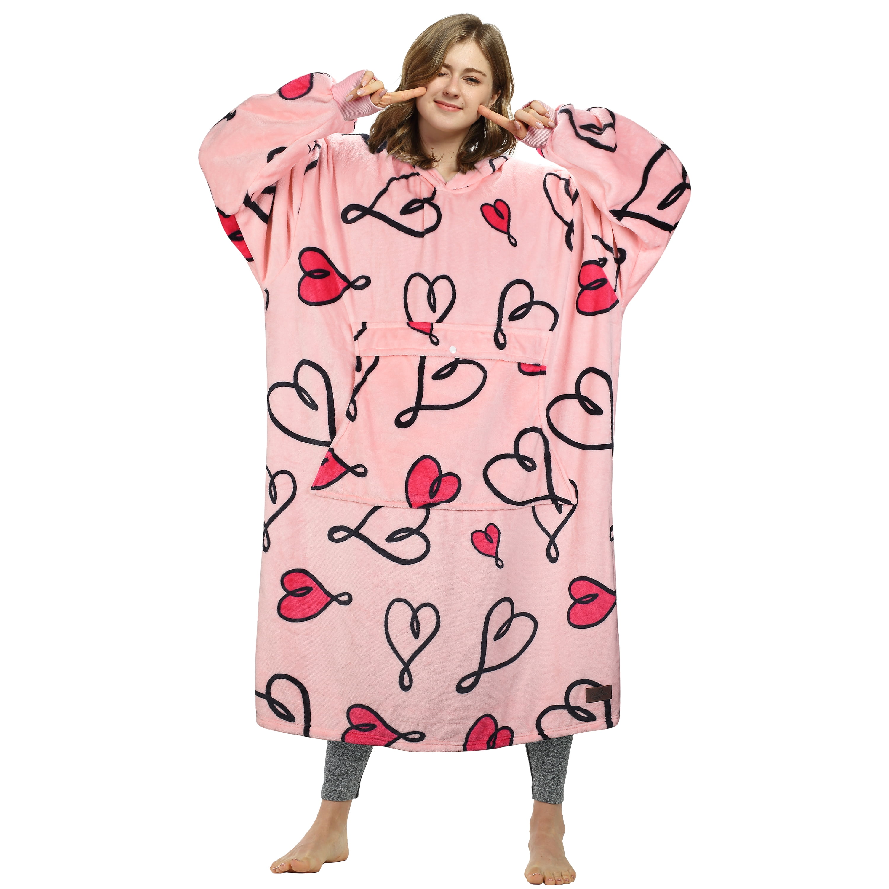 Catalonia Valentine's Day Gift Womens Oversized Flannel Blanket Hoodie Sweatshirt, Plush Fleece Lined Lounging Pullover, Christmas Gift for Women (LOVEART Pink)
